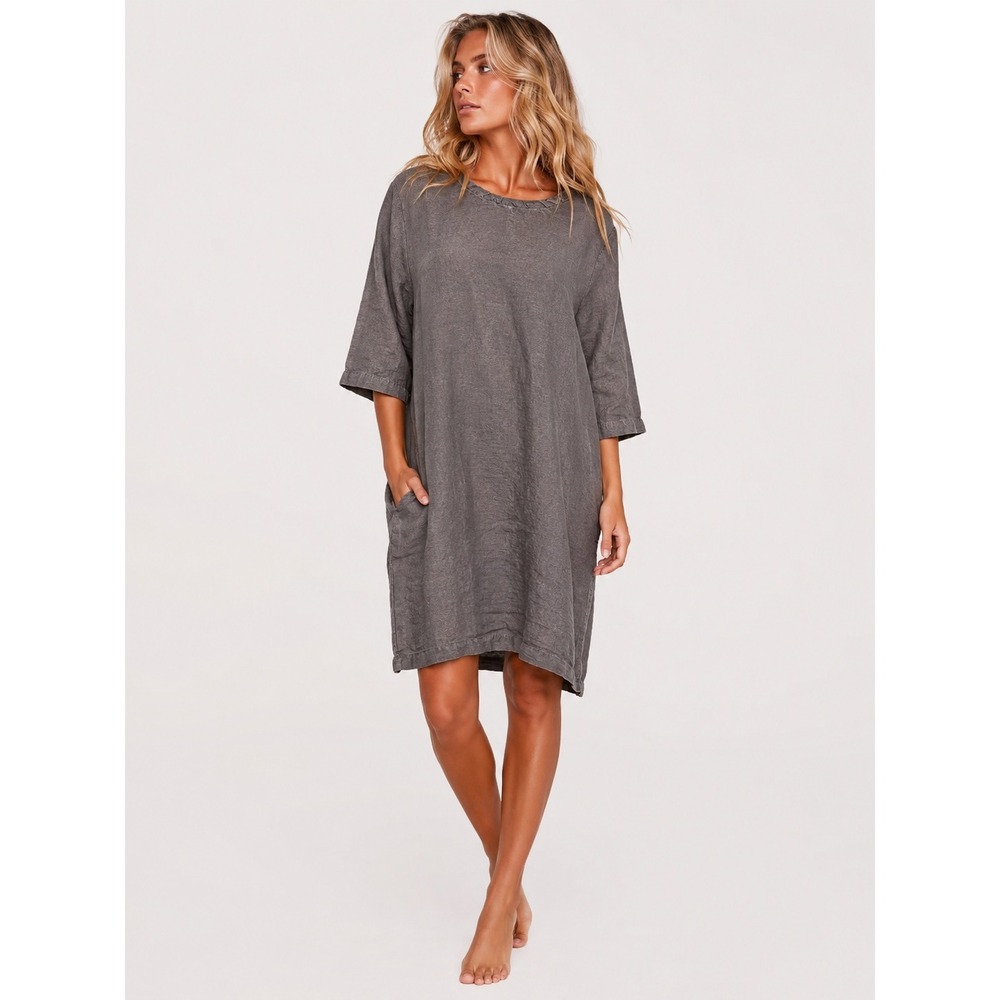 Untouched World Shale 100% Linen Pocket Dress Brown Grey 3/4 Sleeve L
